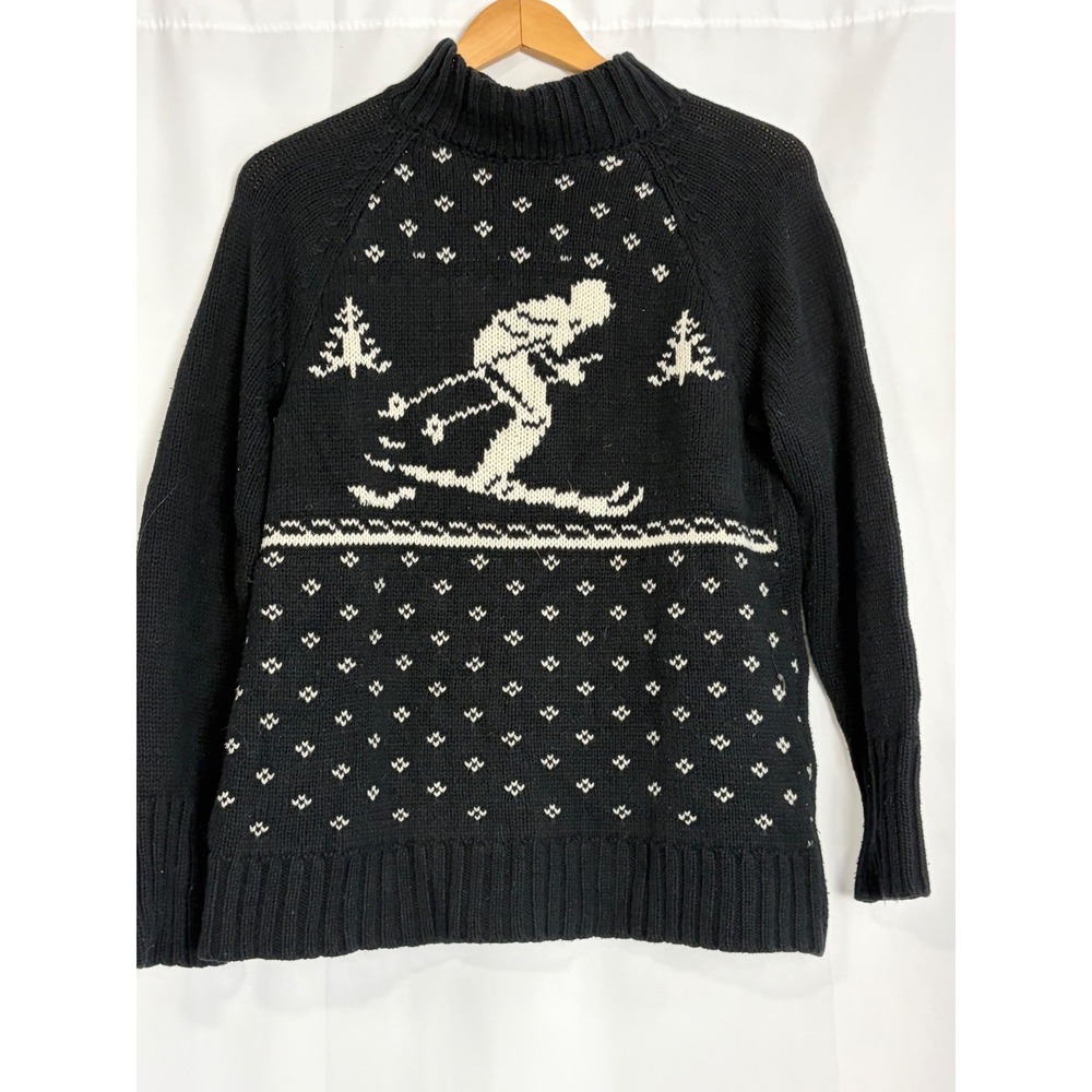 Chaps Womens Black White Ski Intarsia Mock Neck Knit Sweater Medium Raglan